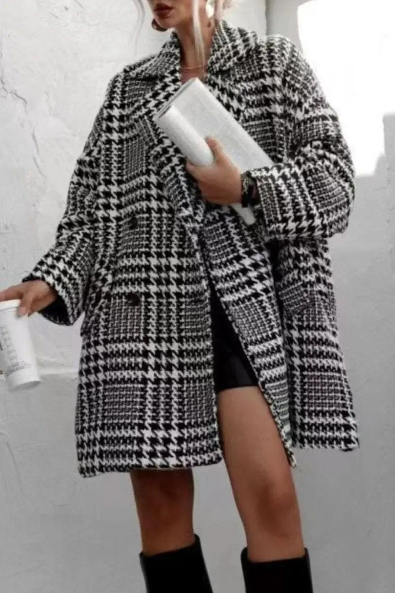 Houndstooth Collared Neck Long Sleeve Coat with Pockets - Love Salve